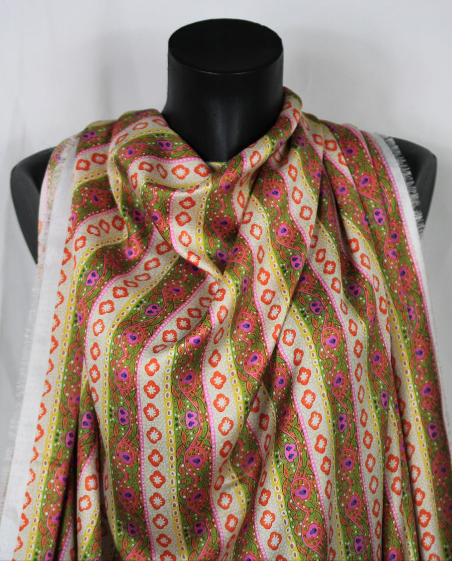 Tissu twill - imprimé rayures fleuris - multicolore vert et orange