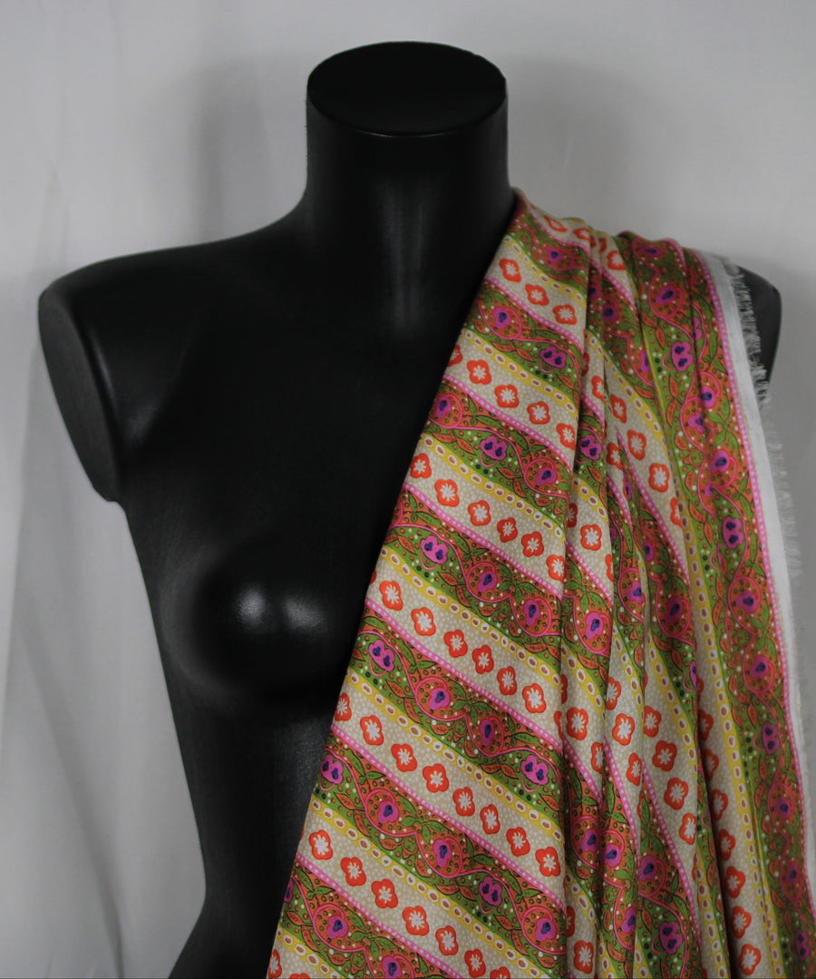 Tissu twill - imprimé rayures fleuris - multicolore vert et orange