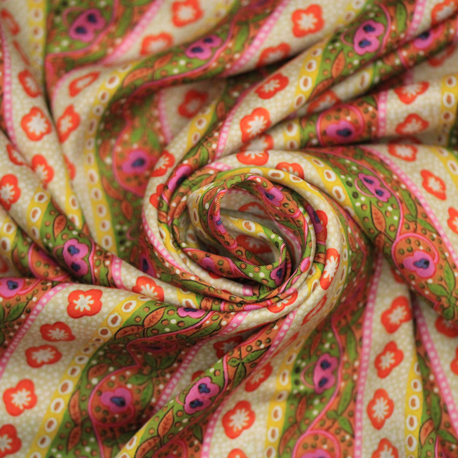 Tissu twill - imprimé rayures fleuris - multicolore vert et orange