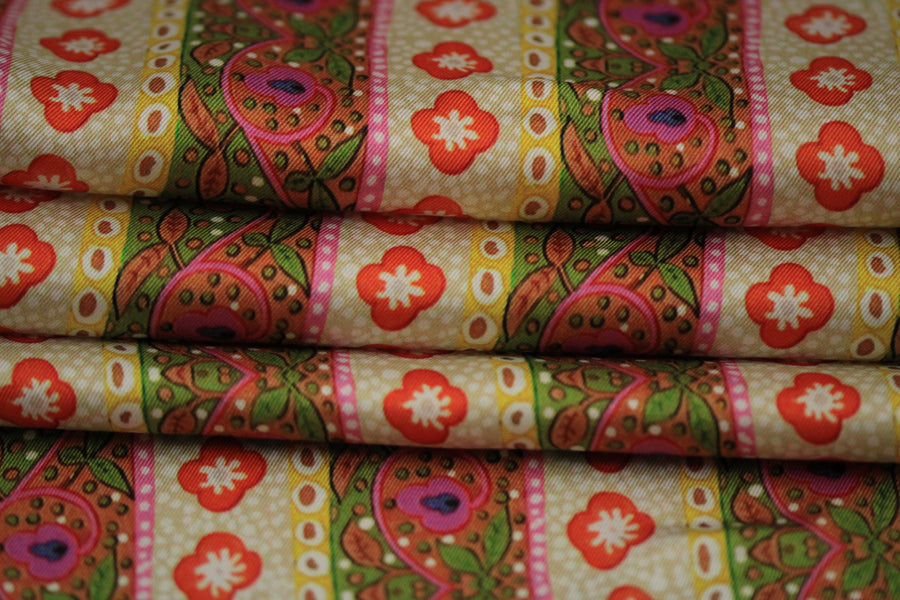Tissu twill - imprimé rayures fleuris - multicolore vert et orange
