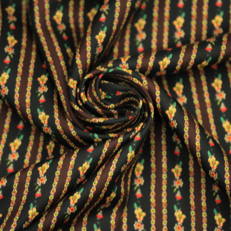 Tissu twill de soie  - imprimé vintage - ton noir et marron