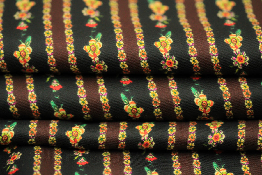 Tissu twill de soie  - imprimé vintage - ton noir et marron
