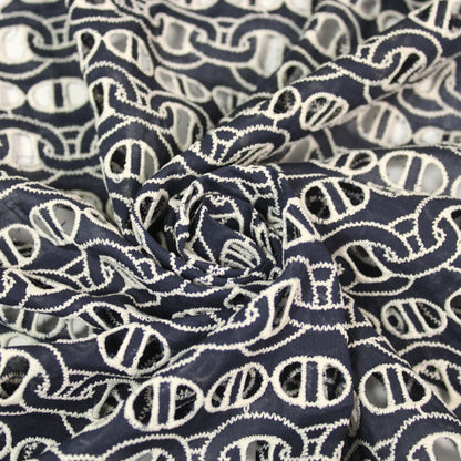 Tissu broderie anglaise - motif chaine - bleu marine et blanc - photo 1/5 | So Tissus