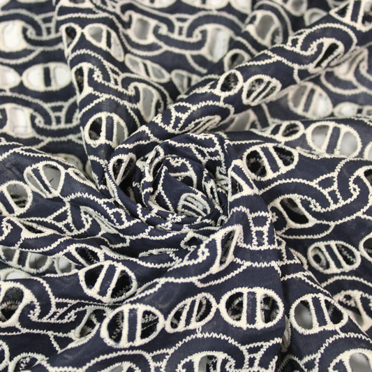Tissu broderie anglaise - motif chaine - bleu marine et blanc - photo 1/5 | So Tissus