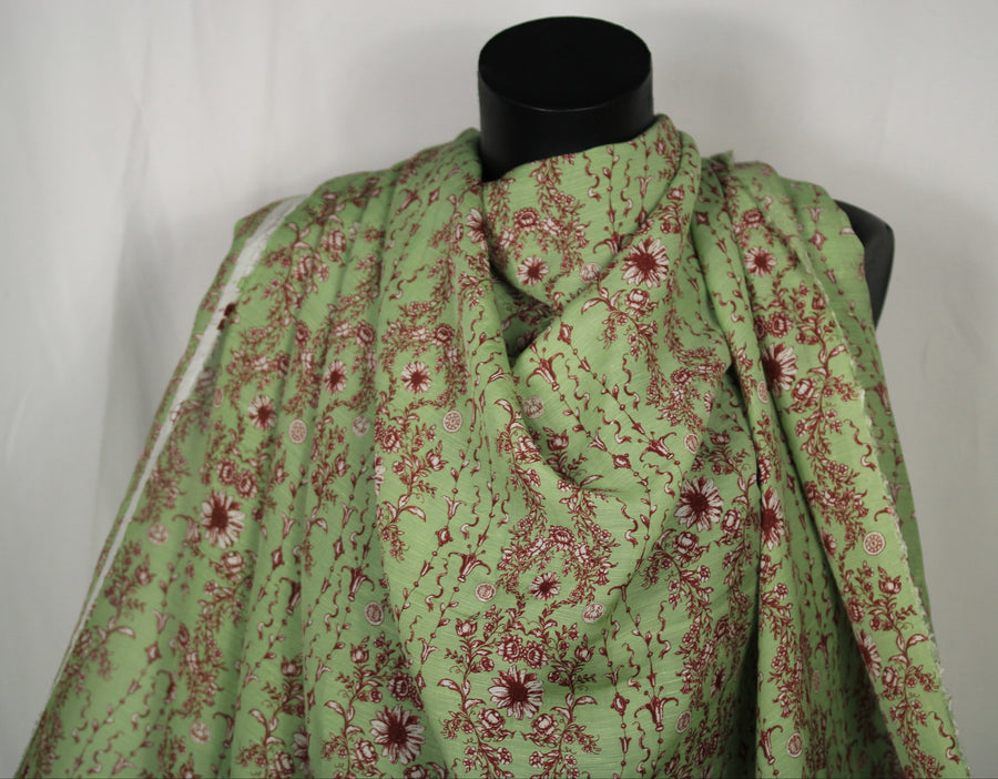 Tissu lin viscose -imprime fleurie - vert anis et bordeau