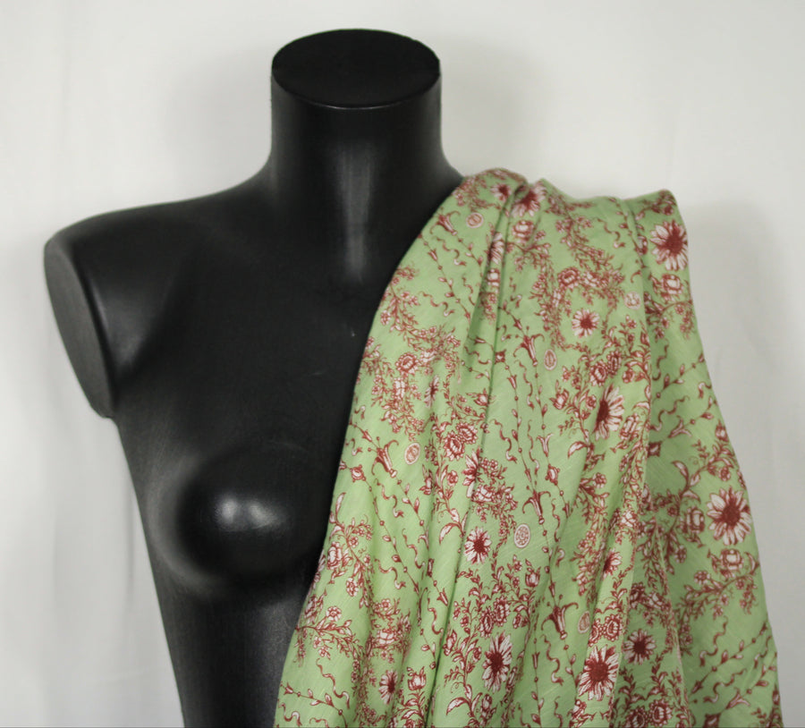 Tissu lin viscose -imprime fleurie - vert anis et bordeau