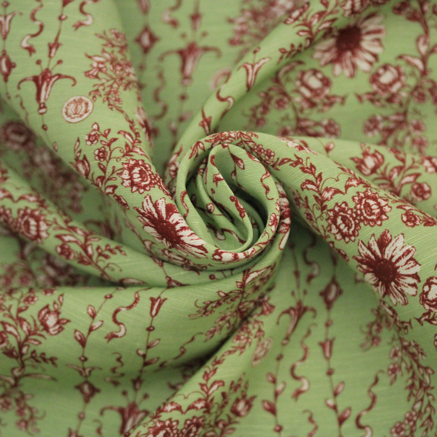 Tissu lin viscose -imprime fleurie - vert anis et bordeau