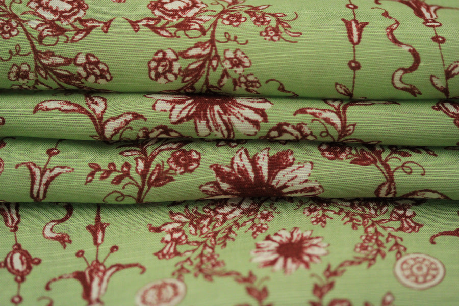 Tissu lin viscose -imprime fleurie - vert anis et bordeau