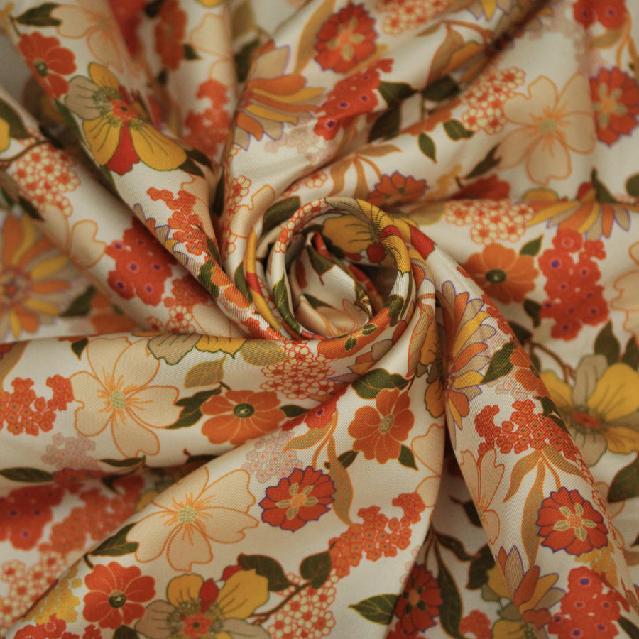Tissu twill de soie  - imprimé fleurie - ton orange