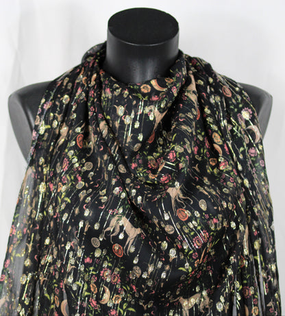 Tissu mousseline de soie et lurex - imprimé fleur et lévrier - ton noir et doré - photo 4/4 | So Tissus