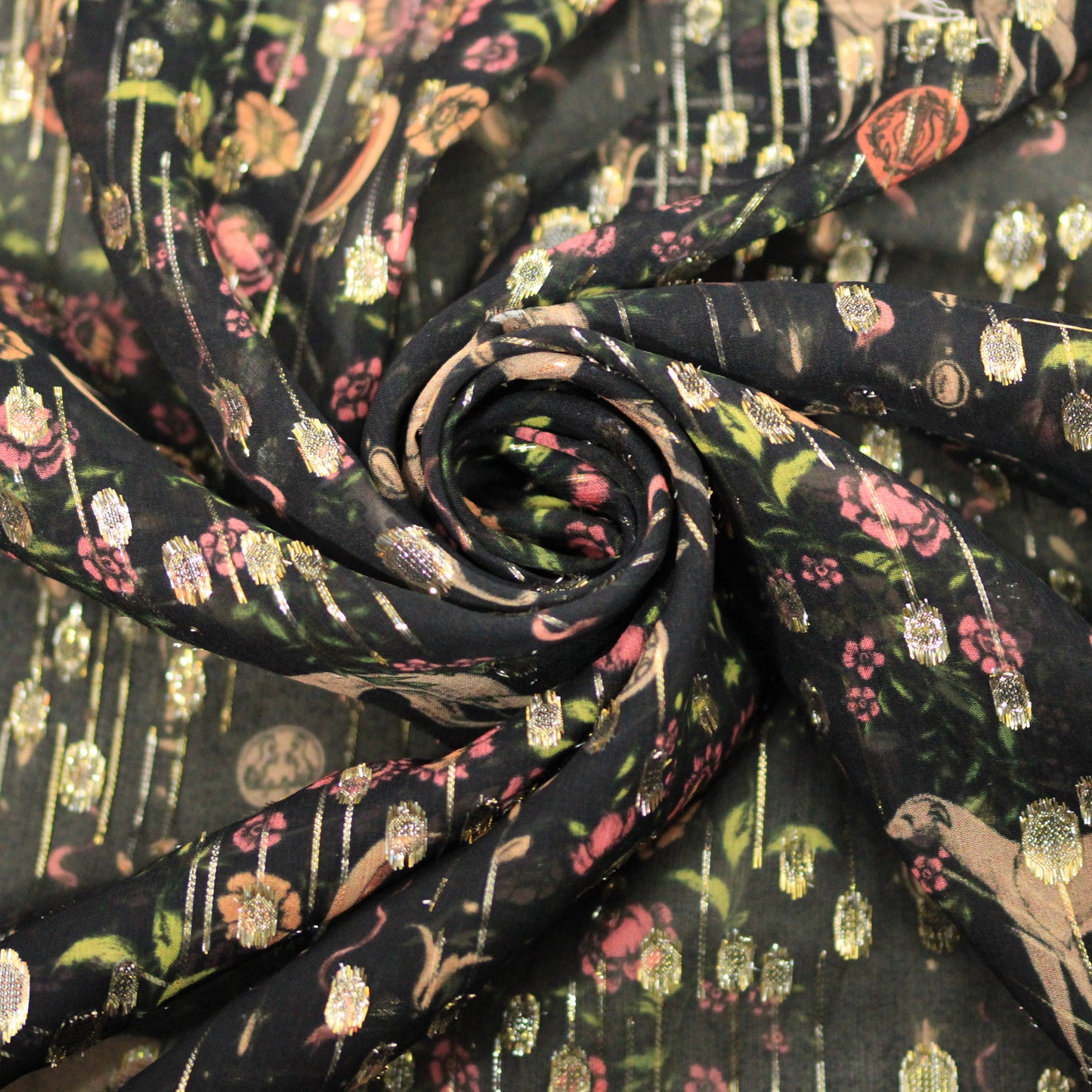 Tissu mousseline de soie et lurex - imprimé fleur et lévrier - ton noir et doré - photo 1/4 | So Tissus