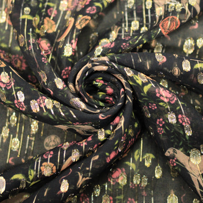 Tissu mousseline de soie et lurex - imprimé fleur et lévrier - ton noir et doré - photo 1/4 | So Tissus