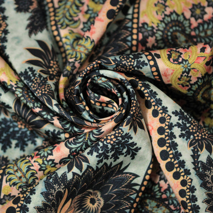 Tissu twill - imprimé frise fleuri - multicolore - ton bleu ciel et rose - photo 1/4 | So Tissus