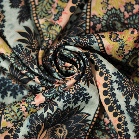 Tissu twill - imprimé frise fleuri - multicolore - ton bleu ciel et rose - photo 1/4 | So Tissus