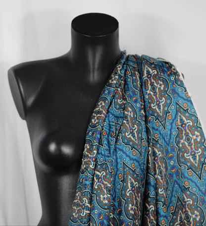 Tissu satin de soie - imprimé cachemire - ton bleu et orange - photo 4/5 | So Tissus