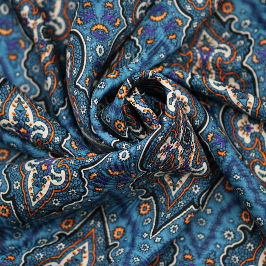 Tissu satin de soie - imprimé cachemire - ton bleu et orange - photo 1/5 | So Tissus