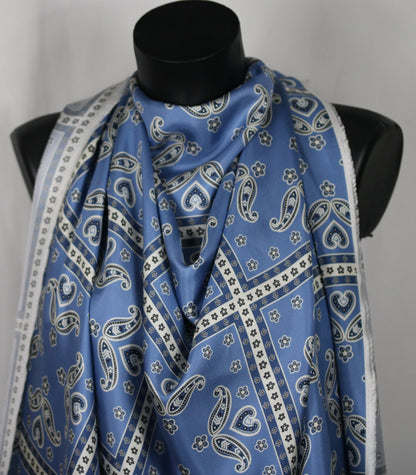 Tissu twill de soie - imprimé cachemire - carré - ton bleu et blanc - photo 4/5 | So Tissus