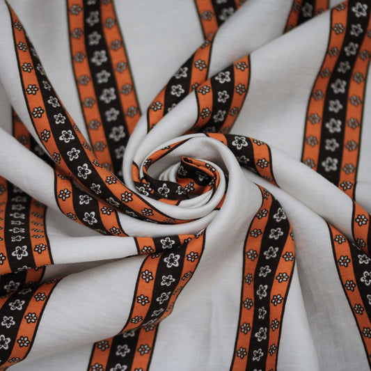 Tissu viscose - à rayures fleuri - blanc, marron et orangé - photo 1/5 | So Tissus