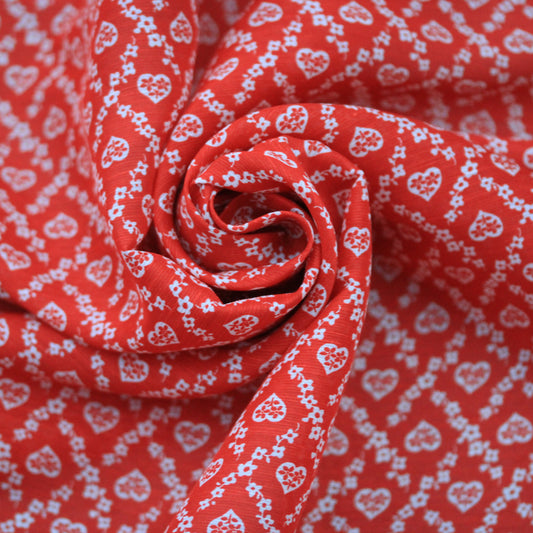 Tissu lin viscose - imprimé coeur fleuri - rouge et blanc - photo 1/5 | So Tissus