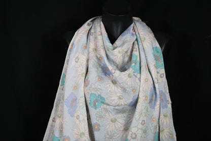 Tissu lin viscose - imprimé fleuri - ton bleu pastel