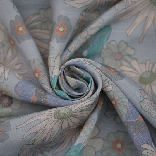 Tissu lin viscose - imprimé fleuri - ton bleu pastel