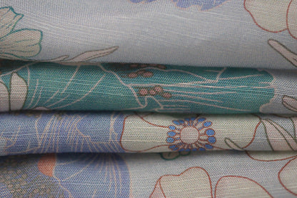 Tissu lin viscose - imprimé fleuri - ton bleu pastel
