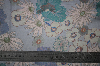 Tissu lin viscose - imprimé fleuri - ton bleu pastel