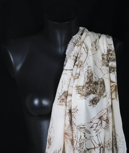 Tissu voile coton viscose - imprimé toile de jouy - écru et marron