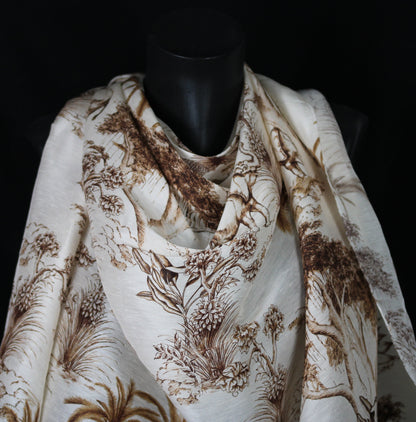 Tissu lin et soie  - imprime toile de jouy - écru et marron
