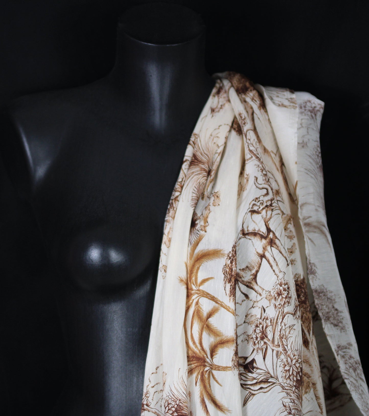 Tissu lin et soie  - imprime toile de jouy - écru et marron