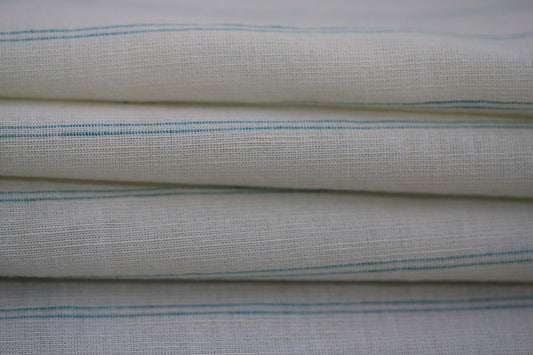 Tissu lin  - à rayures - écru et turquoise