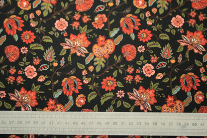 Tissu crêpe de chine 100% soie - imprimé fleuri - ton noir et rouille