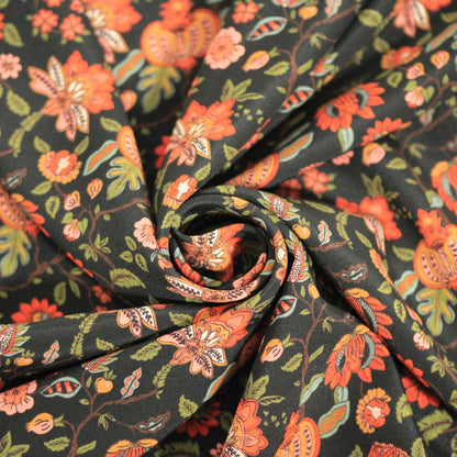 Tissu crêpe de chine 100% soie - imprimé fleuri - ton noir et rouille