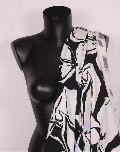Tissu lin viscose -imprime grandes fleurs - noir, blanc et bleu ciel - photo 3/5 | So Tissus