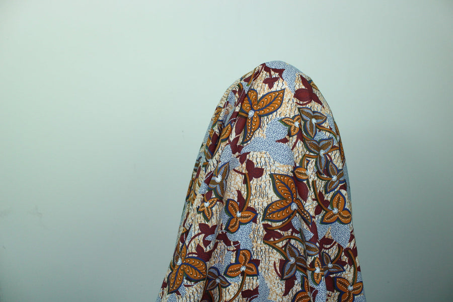 Tissu voile de coton - imprimé grosses fleurs - ton bleu et marron
