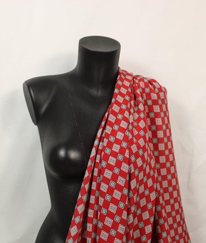 Tissu crêpe de chine 100% soie - imprimé carré - rouge et vert - photo 3/5 | So Tissus