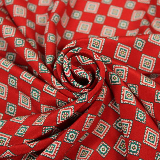 Tissu crêpe de chine 100% soie - imprimé carré - rouge et vert - photo 1/5 | So Tissus