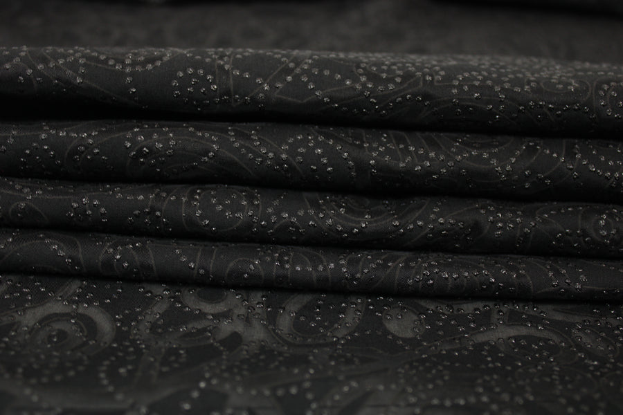 Tissu voile coton dévoré moucheté - motif doodling - noir