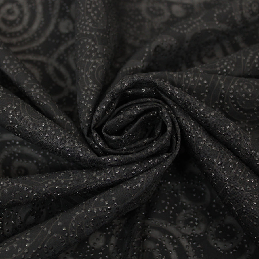 Tissu voile coton dévoré moucheté - motif doodling - noir