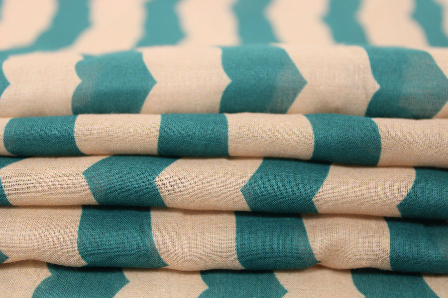 Tissu voile de coton - imprimé rayé - nude et bleu