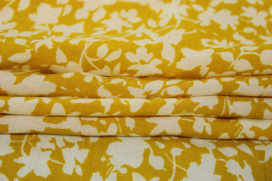 Tissu javanaise de viscose - imprimé fleuri - jaune et blanc