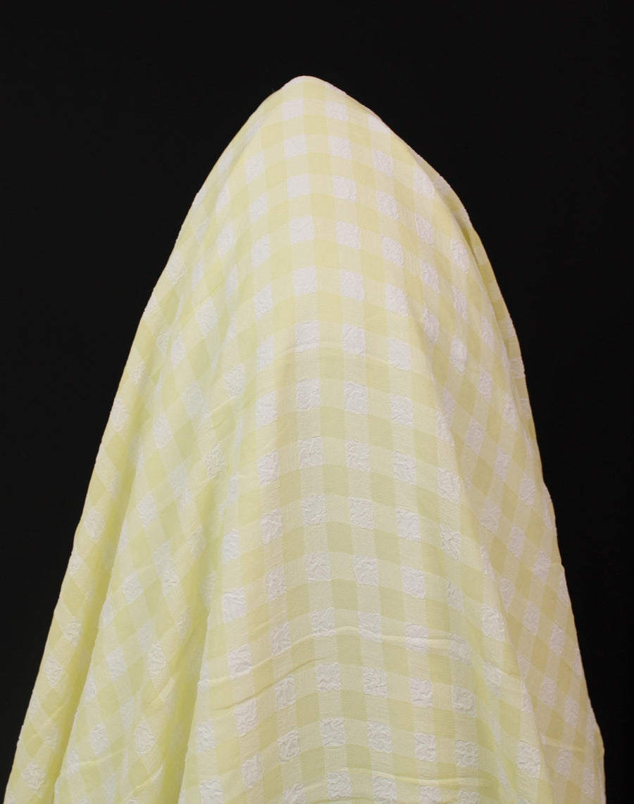 Tissu crêpe stretch gaufré - imprimé vichy - jaune pâle et blanc