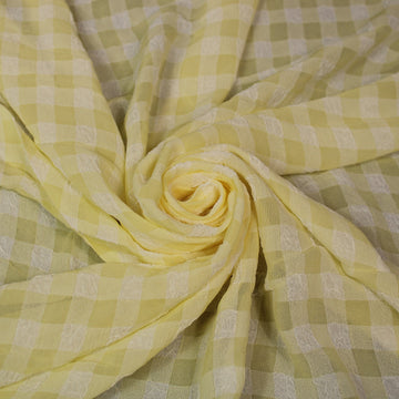 Tissu crêpe stretch gaufré - imprimé vichy - jaune pâle et blanc