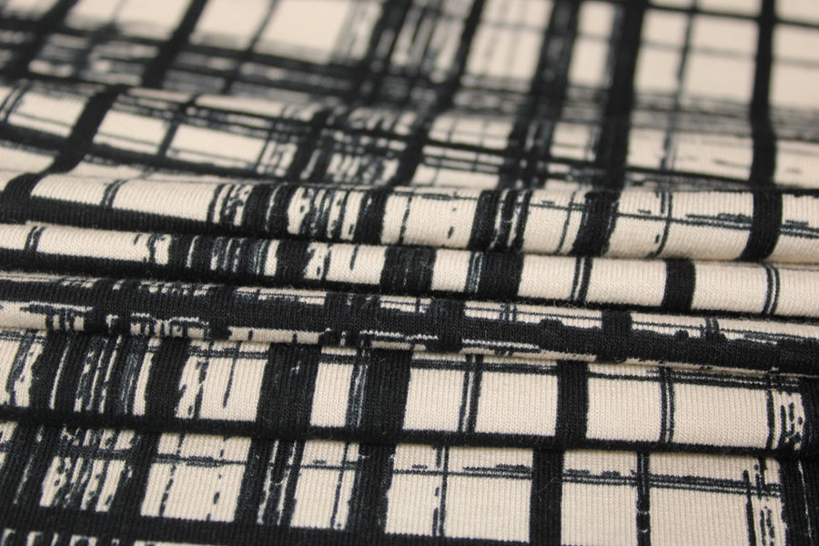 Tissu maille jersey - imprimé à carreaux - écru et noir