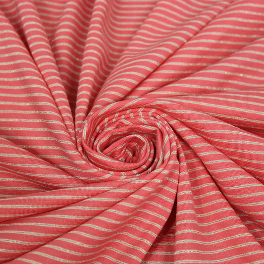 Tissu maille jersey viscose - à rayures - corail, beige et doré - photo 1/4 | So Tissus