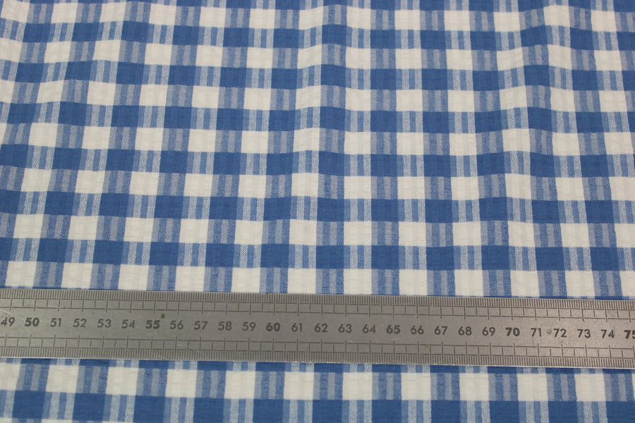 Tissu crêpon de coton - à carreaux - bleu et blanc