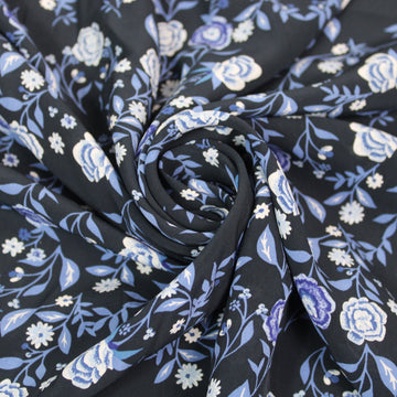 Tissu crêpe viscose - imprimé fleuri - ton bleu marine