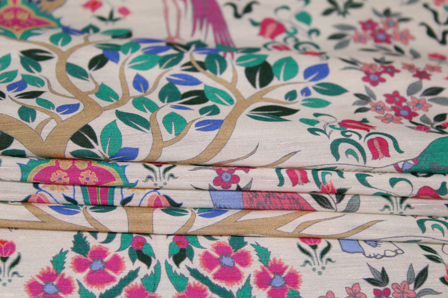 Tissu lin et soie  - imprime paon et éléphant - multicolore