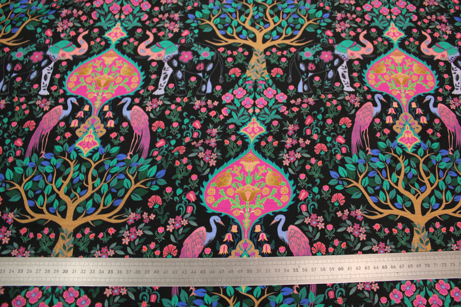 Tissu lin et soie  - imprime paon et éléphant - multicolore