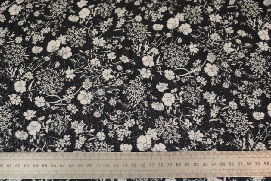 Tissu mousseline - imprimé fleuri - noir, blanc et lurex
